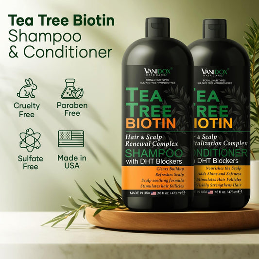 Tea Tree Oil Shampoo and Conditioner Set with Biotin, DHT Blockers, Itchy Scalp Relief, Supports Thicker-Looking Hair, Cleanses Dandruff & Buildup, For Men & Women, Made in USA, 16 fl oz Each