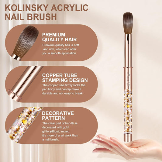 Acrylic Nail Brush Size #2,KEMEISI 100% Pure Kolinsky Nail Art Brushes Sturdy Handle Oval Shaped Acrylic Powder Nail Design Tools for Professional Manicure DIY Home Salon (Gold)