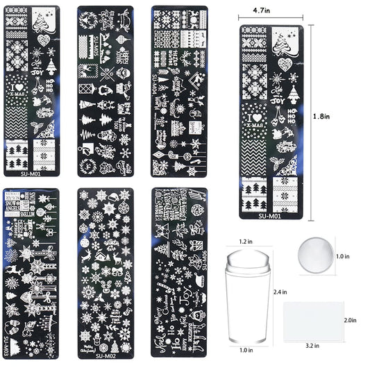 6 Pcs Xmas Christmas Snowflake Nail Stamper Kit with 1 Stamper 1 Scraper, DIY Nail Art Stencil Plates Set