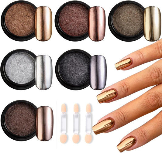 Chrome Nail Powder Set - 6 Colors Rose Gold Bronze Black Chrome Nail Powder, Mirror Effect for Nails, Metallic Rubbing Dust Chameleon Glitter Pigment Flakes, Manicure Salon Supplies