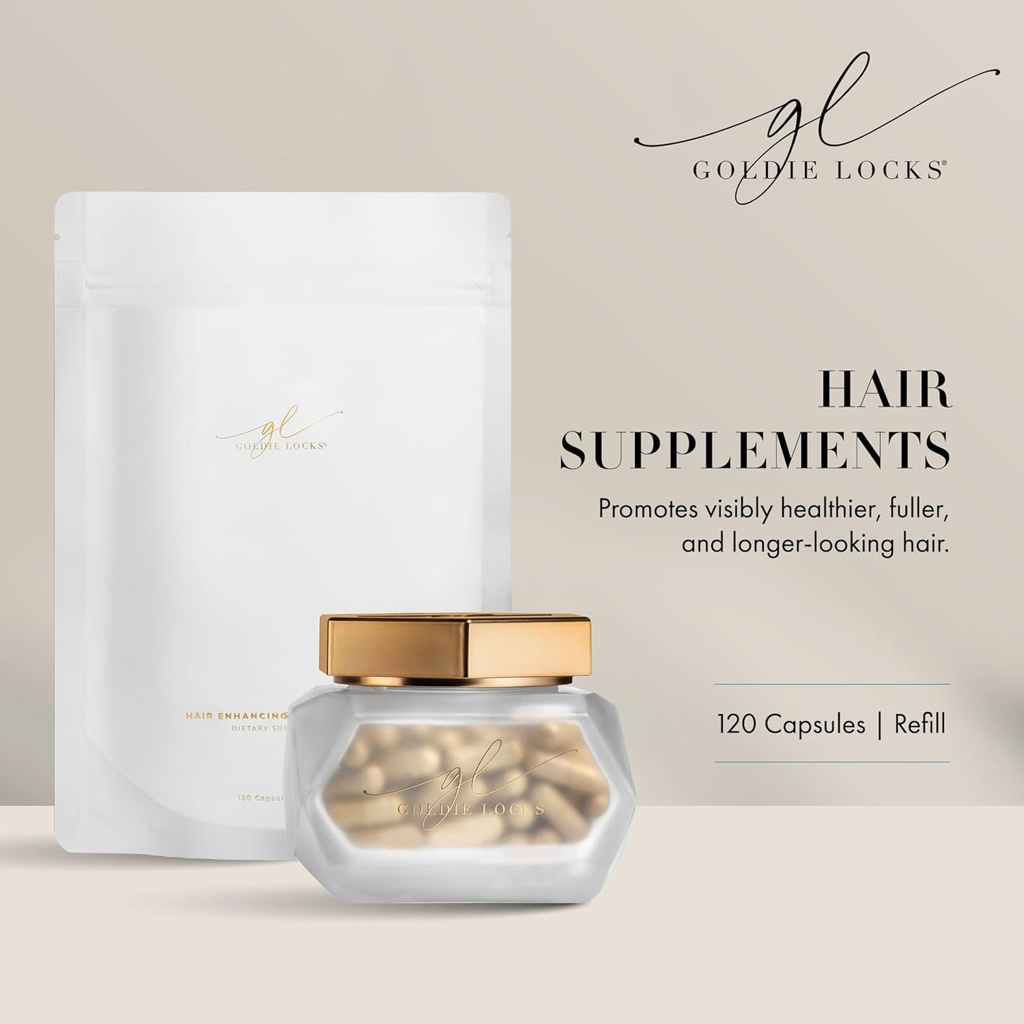 Goldie Locks Hair Growth Supplements Original Formula Refill, Hair Supplements for Stronger & Healthier Locks, Vitamins That Enhance Hair, Skin, and Nails, 120 Count