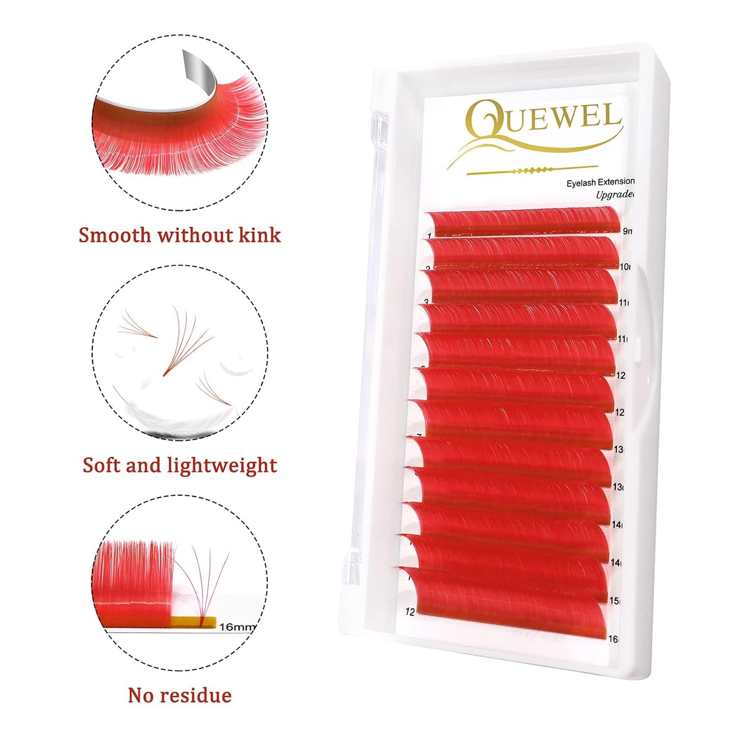 QUEWEL Easy Fan Volume Lashes .07 D Curl Red Extensions 9-16mm Mixed Tray Color Self Fanning 2D-10D Eyelash Extensions (Red 0.07 D 9-16mm)