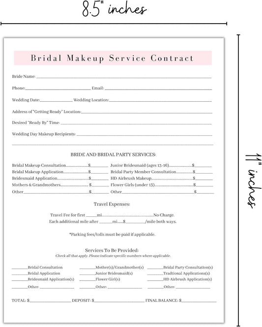 Bridal Makeup Service Contract | 100 Pack | 8.5 x 11" A1 Forms | Makeup Artist Supplies | Bridal Contract | White and Pink Forms