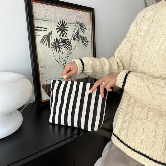 PAZIMIIK Makeup Bag Large Cotton Zipper Pouch for Purse Travel Canvas Make Up Organizer for Women Cosmetic,Stripe Black White