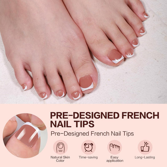 French Tip Press on Toenails 144PCS with 4 Strips, 18 Sizes Nude Fake Nails - No Need to File, Pre-applied Primer, Short Square Toe Nails Kit for Women Pedicure & Gift