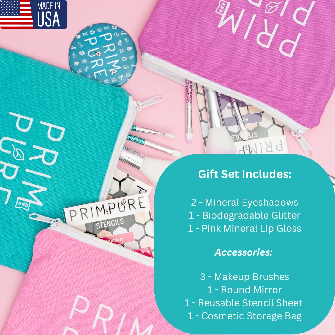 Prim and Pure Kids Makeup Gift Set - Stencil, Makeup Eyeshadow Bioglitter Lip Gloss and Cosmetic Bag Mirror Makeup Brush Accessories (Mermaid Blue)