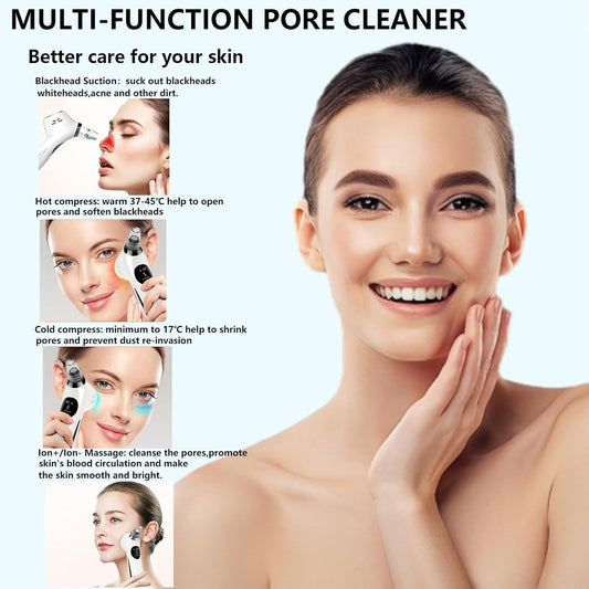 Blackhead Remover Vacuum Face Suction Pore Cleaner with Hot&Cold Compress Positive&Negative Ion Massage Nose Whitehead Remover Pimple Sucker with 5 Probes Pore Extractor Tool… (White)