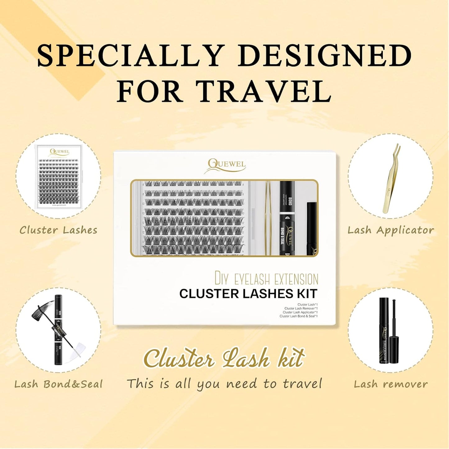 QUEWEL DIY Lash Extensions Kit Lash Clusters 144 Pcs, Cluster Lashes Golden Lashes Tweezers, Eyelash Clusters Bond and Seal Waterproof, Cluster Lash Glue Remover for DIY Lash Extensions (QU-RR-DH-02)
