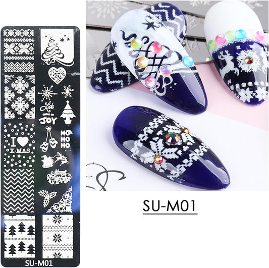 Christmas Nail Art Stamping Plate Kit,Snowflake Snowman Christmas Tree Elk Designs Nail Image Stamp Template Xmas DIY Stainless Steel Nail Image Polish Template Kit 6Pcs