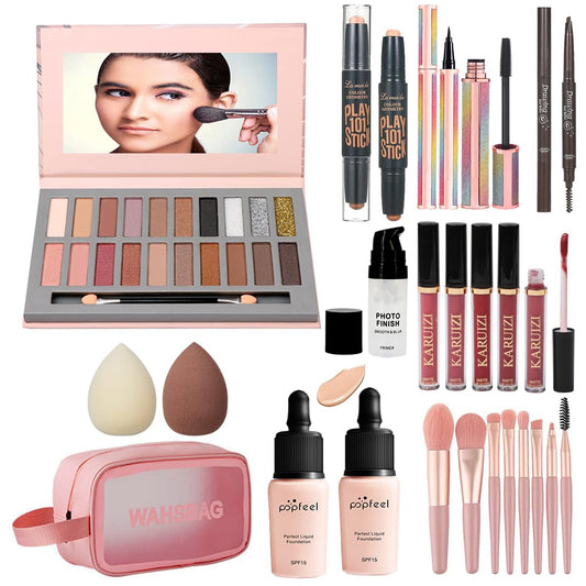 All in One Makeup Kit, Includes 20 Colors Eyeshadow Palette, RUIGPRO Foundation & Face Primer, Makeup Brush, Makeup Sponge, Eyebrow Soap, Winged Eyeliner Stamp, Gift Set for Women, Girls & Teens