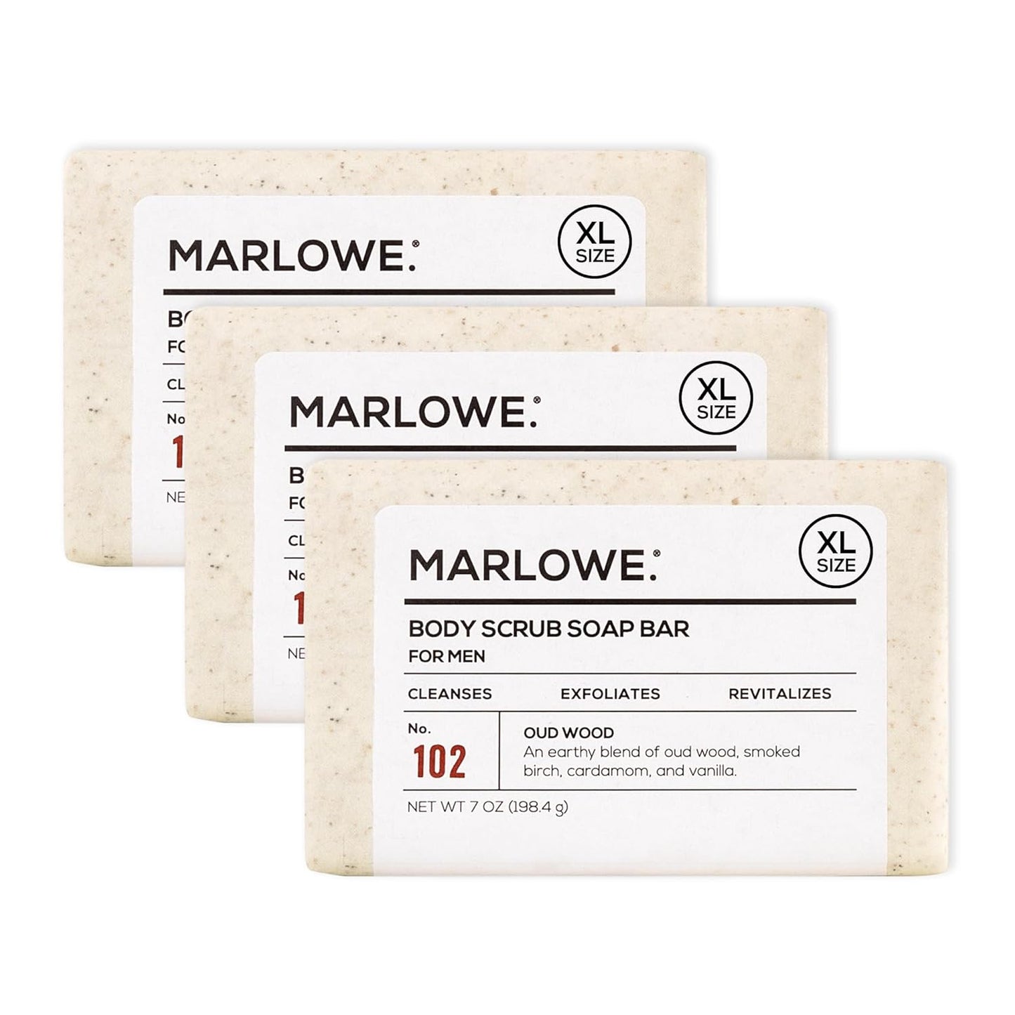 MARLOWE. No. 102 Body Scrub Soap 7 oz (3 Bars), Oud Wood, Exfoliating Soap Bar with Shea Butter, Olive Oil & Green Tea Extracts, Cleanses, Smooths & Revitalizes Skin, Earthy & Smoky Scent