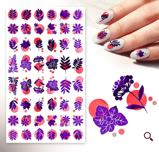 Nail Stickers Decal Transfers (5 Sheets) FLONZNAIL Funny Color Small Leaves Vintage Style