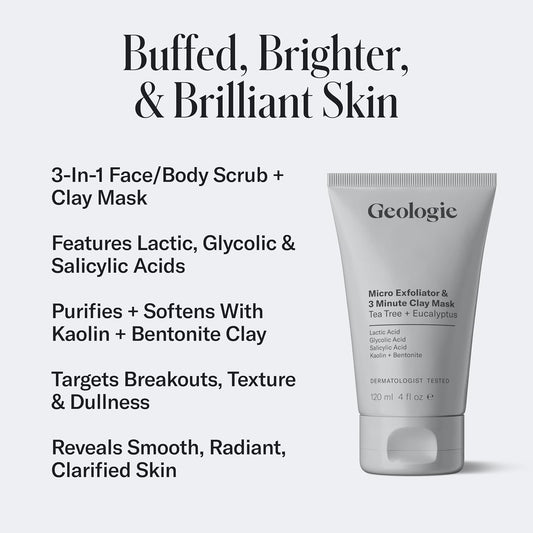 Geologie Micro Exfoliator & Clay Mask | 3-in-1 Deep Cleansing Face Wash, Pore Refining Mask & Skin Exfoliant | Tea Tree & Eucalyptus Scent For Men & Women | 4 fl oz