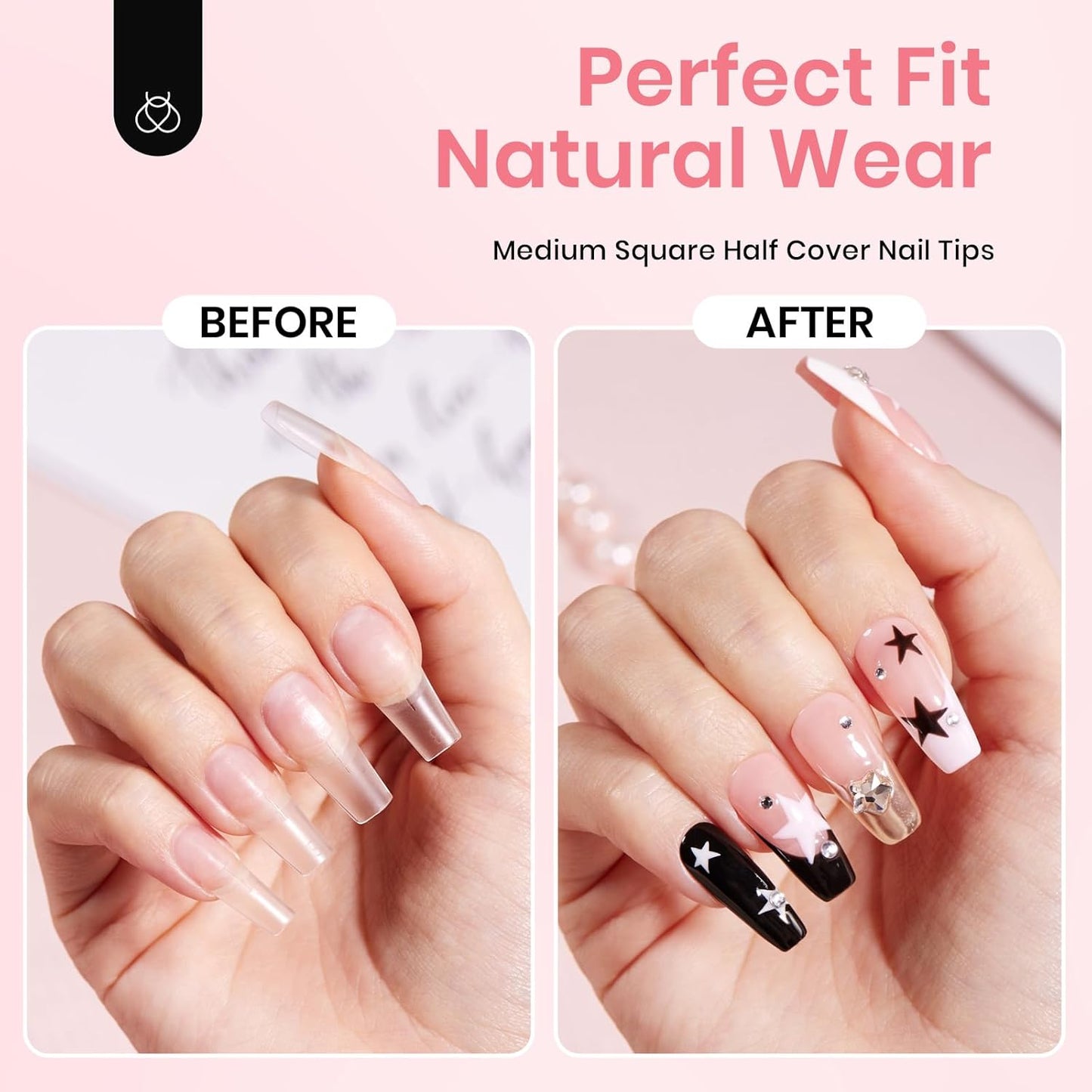 Beetles Gel Nail Tips Kit Etch-X, Square Medium, 288Pcs 12 Sizes, with 10mL Nail Glue, Pre-Etched Half Matte Half Cover Soft Acrylic False Nail Kit for Home DIY Salon Art Fall Press on Nail Extension