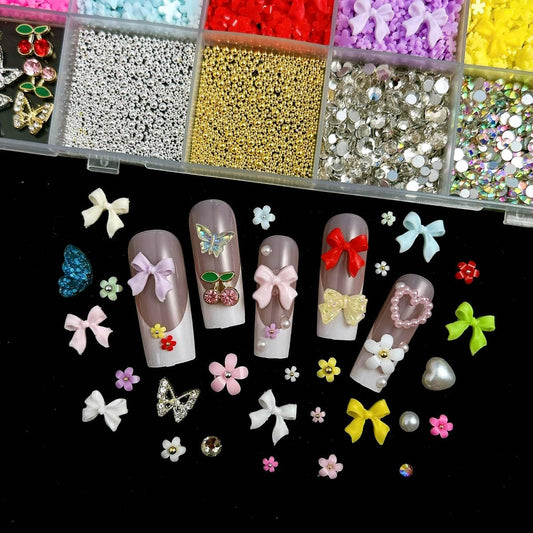 3D Colorful Flower Nail Charms, Flatback Pearl Bow Nail Charms and Gems, Alloy Cherry Butterfly Charms for Nails Design, Gold Caviar Beads Nail Rhinestones Manicure Charms for Practical DIY Tools