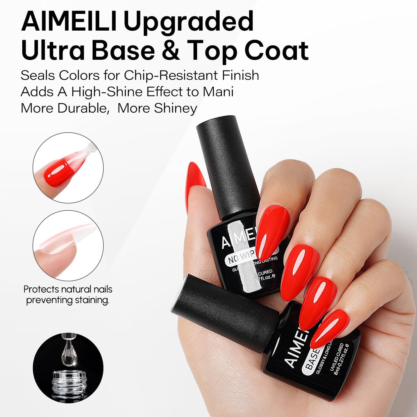 AIMEILI Base Coat Top Coat Nail Glue Gel Kit 3pcs, Hema Free, Cruelty Free, Vegan, Clear High Gloss Gel Nail Polish Long Lasting Nail Art