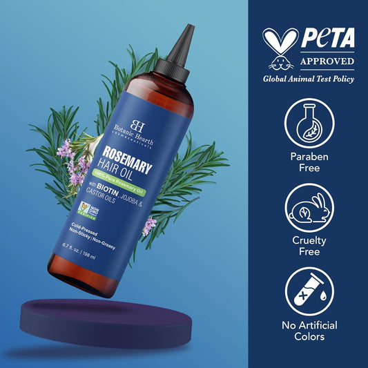 Botanic Hearth 100% Pure Rosemary Oil For Hair Growth (6.7 fl oz)| Infused with Biotin, Jojoba & Castor Oil | Hair Oil Repairs Dry Damaged Hair, Strengthening, Healthier Hair- Hair Tonic