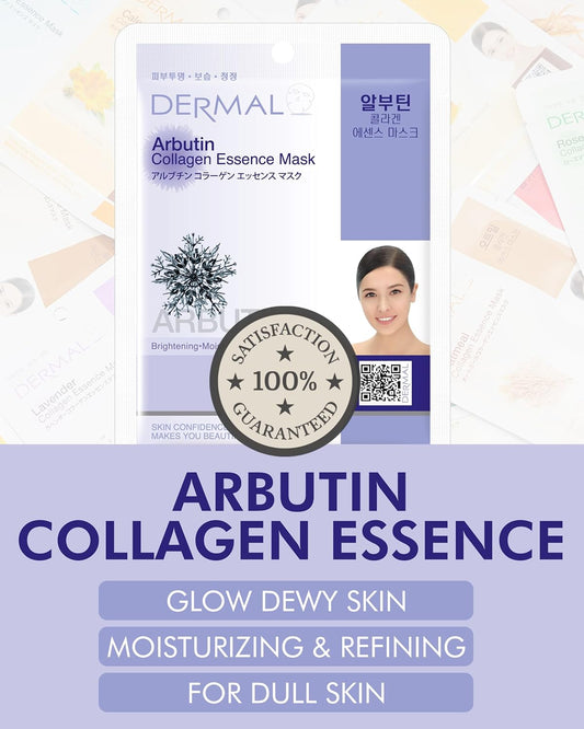 DERMAL Arbutin Collagen Essence Facial Mask Sheet 23g Pack of 10 - Anti Aging for Troubled Skin, Daily Skin Treatment Solution Sheet Mask