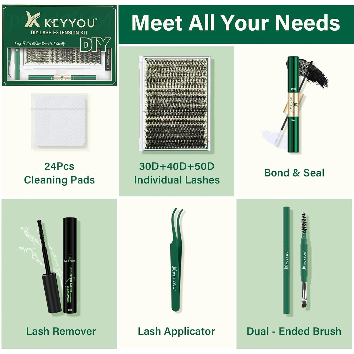 KEYYOU Lash Extension Kit DIY 300Pcs Lash Clusters Eyelash Extension Kit Lash Clusters Kit with Lash Glue Remover Applicator Easy to Use for Beginners(Kit,30D40D50D-C,8-16MIX)