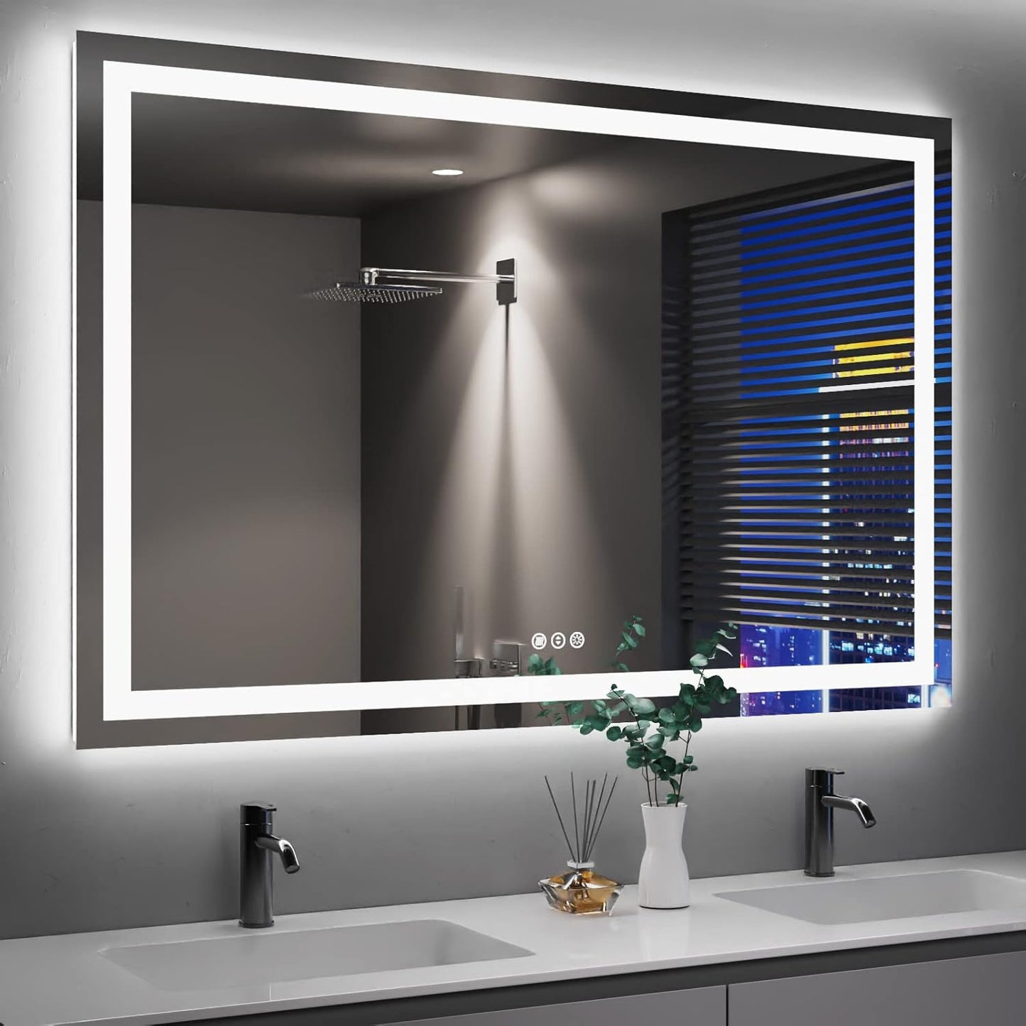 Amorho LED Bathroom Mirror 55"X40" with Front and Backlight, Stepless Dimmable Wall Mirrors with Anti-Fog, Shatter-Proof, Memory, 3 Colors, Double LED Vanity Mirror(Horizontal/Vertical)