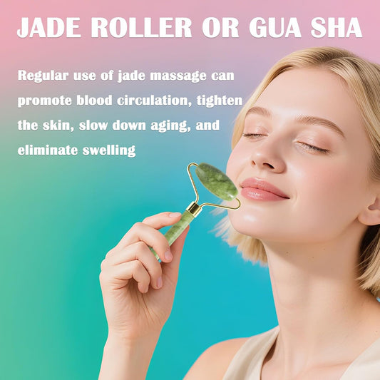 Natural Jade Roller & Gua Sha Set for Face, Facial Massager Tool for Skin Tightening, Anti-Aging, Puffiness Relief, Lymphatic Drainage - Spa Skincare Gift Set for Women