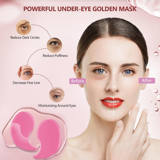 Pink Eye Mask 60Pcs, 5 Portable 24K Gold Collagen Under Eye Patches, 30 Pairs Hydrating Undereye Gel Pads for Women Men Dark Circles Puffy Eyes Puffiness Wrinkle Eye Bag Treatment