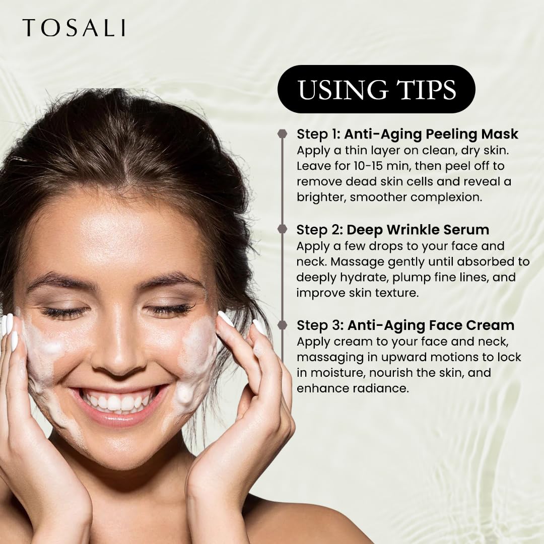 Anti Aging Skincare Set – Daily Peeling Mask (6.8 oz), Deep Wrinkle Serum (1.7 fl oz) & Face Cream (1.7 oz) – Hydrating, Brightening, Wrinkle Reduction & Skin Firming for All Skin Types