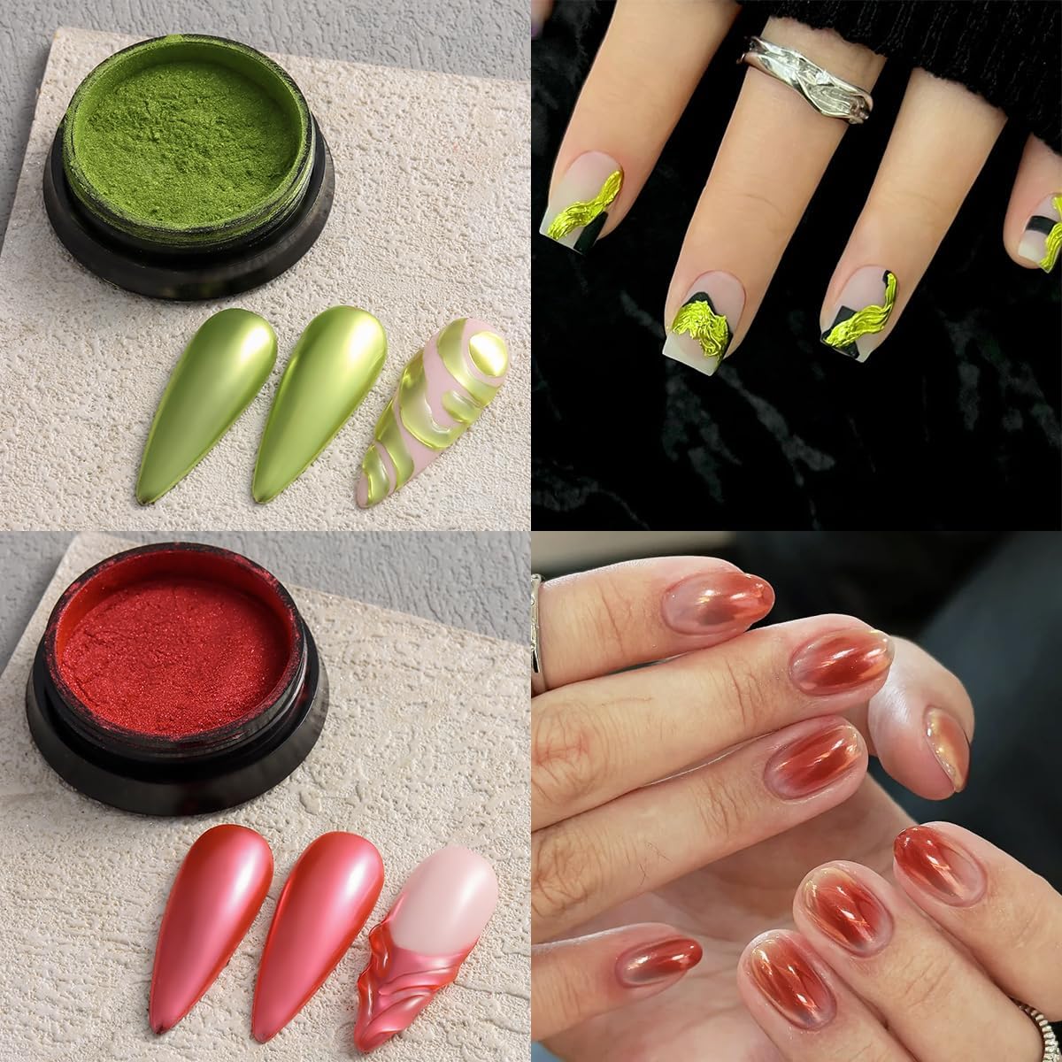 Chrome Nail Powder Set - Red, Green, Gold, Mirror Effect Glitter Powder - 6 Colors, Metallic Chrome Powder With 2PCS Silicone Applicator Brushes - Christmas Nail Design