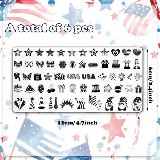 Whaline 6Pcs Patriotic Nail Plates Stamping Set USA Flag Star Stamp Templates 4th of July Nail Art Plates for Independence Day DIY Print Manicure Salon Design