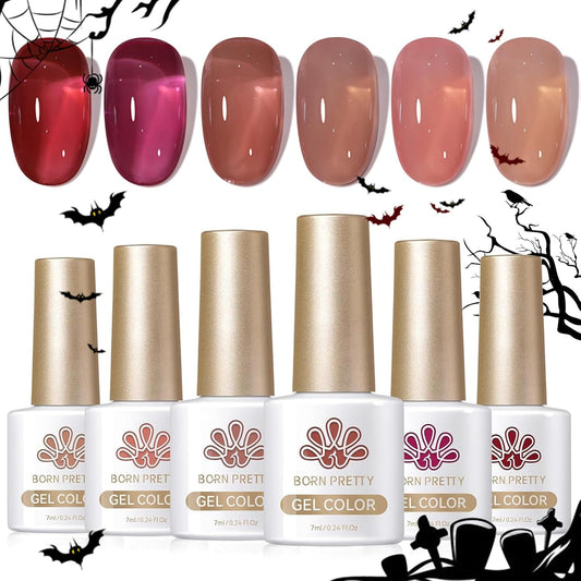 Born Pretty Jelly Burgundy Gel Nail Polish Fall Winter Jelly Blood Wine Red Brown Nude Purple Halloween Translucent Sheer Gel Polish Set Nail Art Varnish Manicure 6PCS