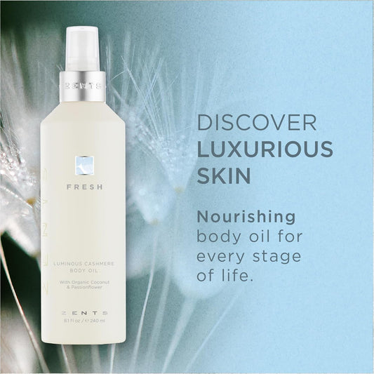 Zents Luminous Cashmere Body Oil (Fresh Fragrance) | Moisturizing Body Oil with Vitamin E & Organic Coconut Oil | Softens & Smooths Skin | 8 fl oz
