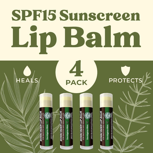 Earth's Daughter SPF Lip Balm Eucalyptus Mint 4-Pack - Lip Sunscreen, SPF 15, Organic Ingredients, Beeswax, Coconut Oil, Vitamin E - Hypoallergenic, Gluten Free