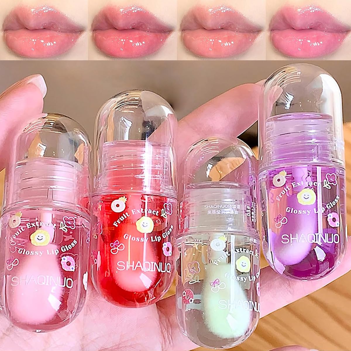 4Pcs Fruit Flavored Lip Gloss Oil Set,Big Brush Head Lip Oil,Cute Lip Hydrating Nourishing Lip Gloss, Jelly Glossy Finish Lip Glow Oil,for Kids and Teens, Kid Friendly, Party Gift, Non-toxic