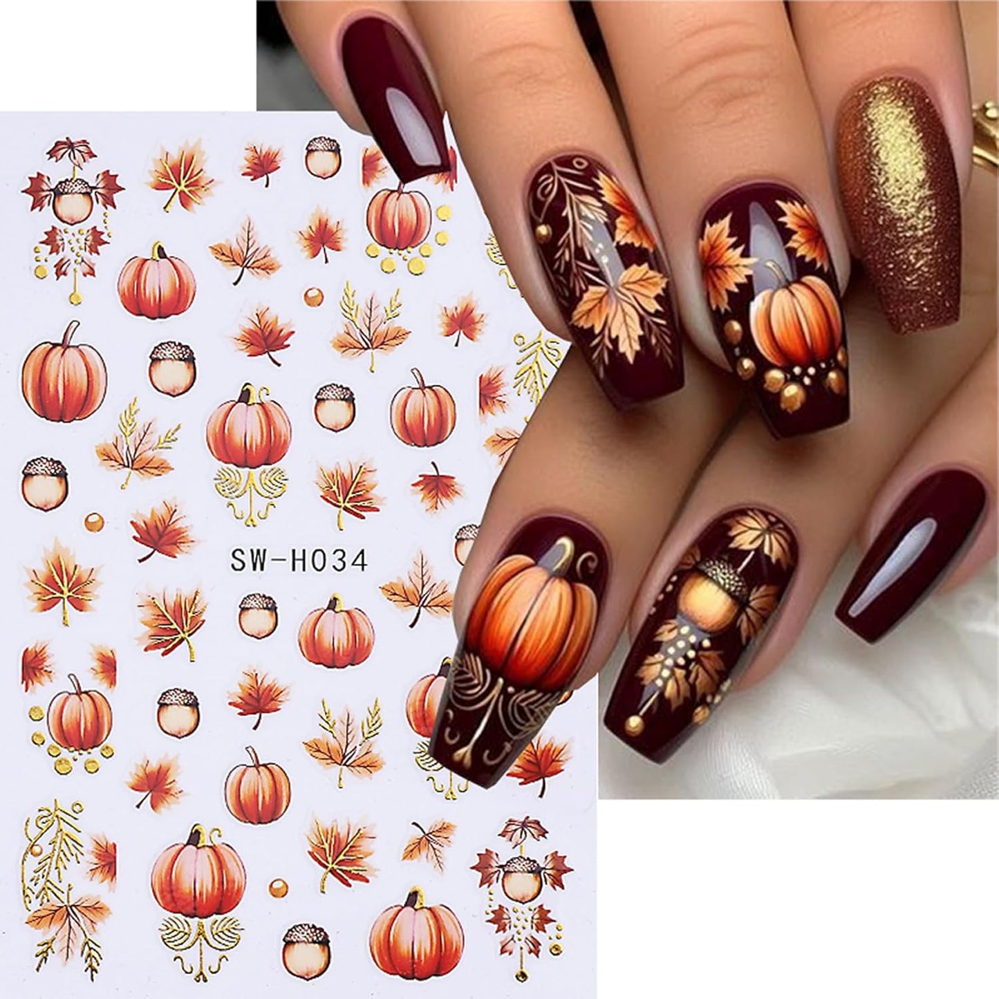 Fall Nail Stickers for Women and Girls Nail Decorations Nail Decals Autumn Maple Leaves Pumpkin Fruit Self-Adhesive Stickers 3D Nail Art Accessories