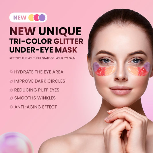 Under Eye Patches (24 Pairs)-New Tri-color Glitter Eye Gel Pads for Dark Circles Puffy Eyes,Under eye Bags,Wrinkles|Natural Collagen Under Eye Mask Patches for Women Teen
