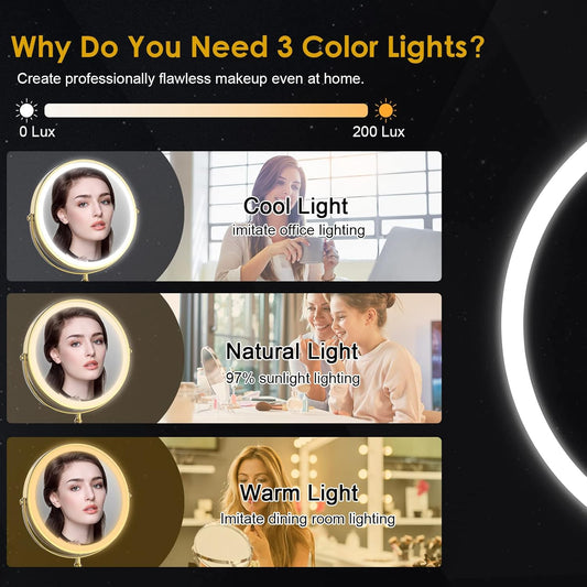 Lighted Makeup Mirror, 3000 mAh Rechargeable Double Sided Magnifying Vanity Mirror with 3 Colors, 1x/10x, 360° Rotation , Brightness Adjustable Magnification Cosmetic Light up Mirror, Women Gift
