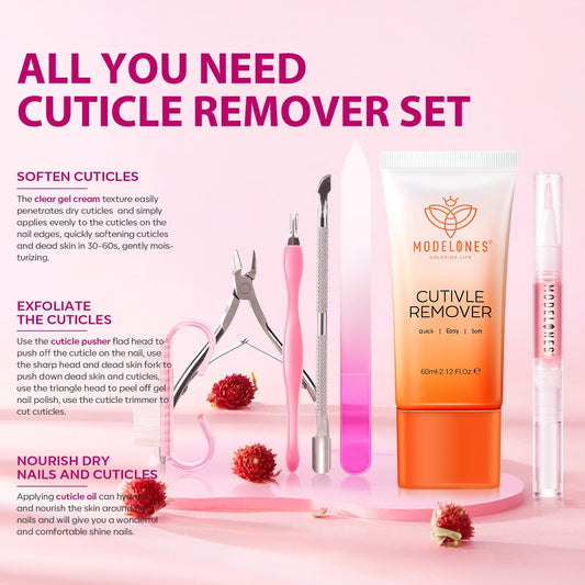 Modelones Cuticle Remover Kit - Cuticle Remover Cream & Cuticle Oil, Cuticle Care Kit w/Cuticle Trimmer Cuticle Pusher & Cuticle Nipper for DIY Nail Manicure, Removedor de Cuticula for Nail Care
