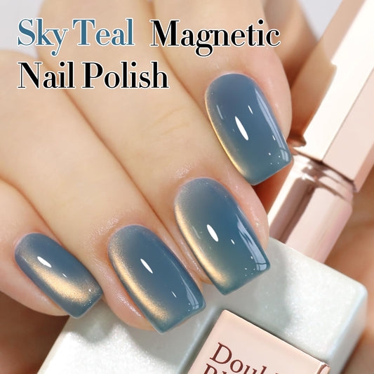 Double Rhythm 15ML Ice Glass Cat Eye Gel Polish with Magnet Holographic Glitter Shimmer Translucent Sheer Color Salon Soak Off Magnetic Nail at Home (SKy Teal-MC1132)
