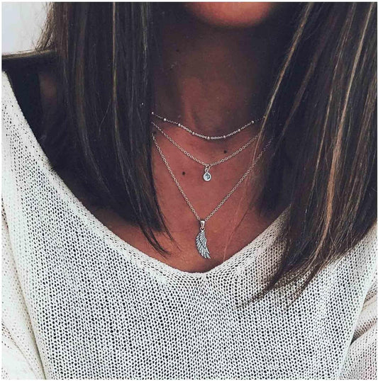 Bohemia Layered Crystal Choker Necklace Angel Wing Pendant Necklace Round Crystal Cz Necklace Chain Silver Guardian Angel Necklace Chain Jewelry for Women