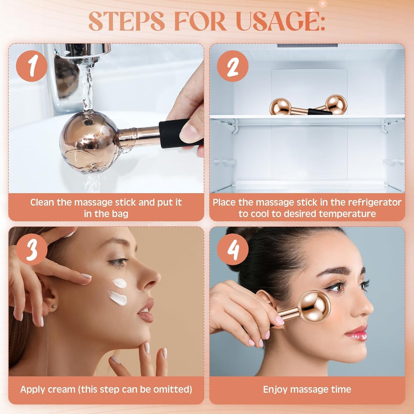 Baderke 2 Pcs Ice Globes for Face Stainless Steel Cooling Globes Unbreakable Cooling Roller Women Ice Balls Cryo Sticks Face Skin Care for Dark Circles, Puffiness(Rose Gold (black Handle))