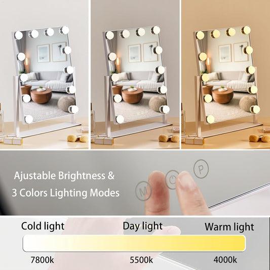 HIEEY Hollywood Makeup Mirror with 12 Dimmable Bulbs Lights, Three Color Lighting Modes, with 4in 20X Magnification Mirror, Smart Touch Control, 360°Rotation (White,Gift Box)