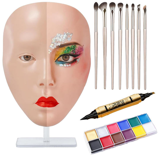 Practice Makeup Face, Face Painting Mannequin Head with Stand, 5D Reusable Silicone Makeup Face Practice, Mannequin Head for Makeup with Makeup Kit, Practice Face for Makeup Artist & Beginner, Pink