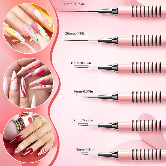 Nail Art Liner Brushes Set, 6Pcs Nail Art Design Brush Striping Thin Long Lines Dotting Drawing Pen, UV Gel Polish Painting Metal Handle Striper Brushes Size 5/7/9/11/20/25mm Pink