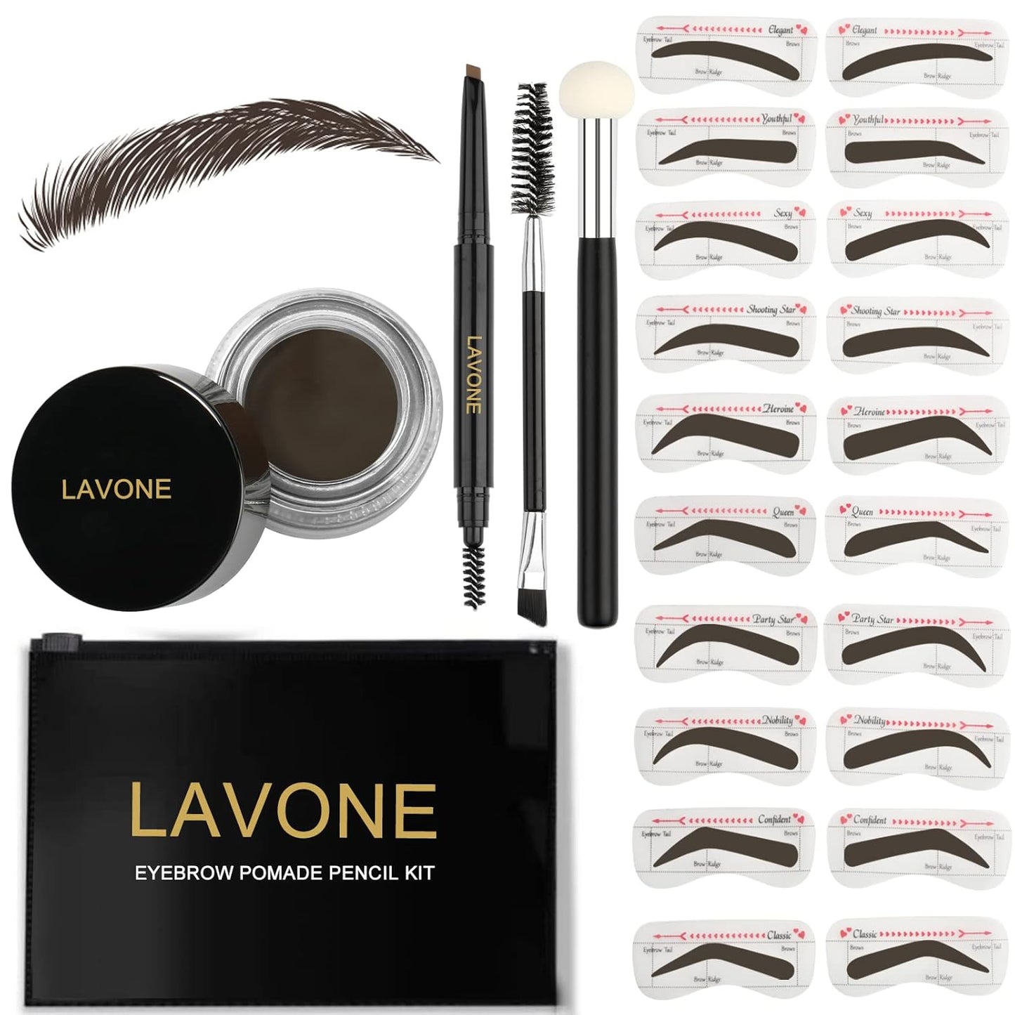 LAVONE Eyebrow Stamp Stencil Kit for Eyebrows, Brow Stamp Trio Kit with Waterproof Eyebrow Pencil, Eyebrow Pomade, 20 Eyebrow Stencils, Dual-ended Eyebrow Brush and Sponge Applicator - Medium Brown