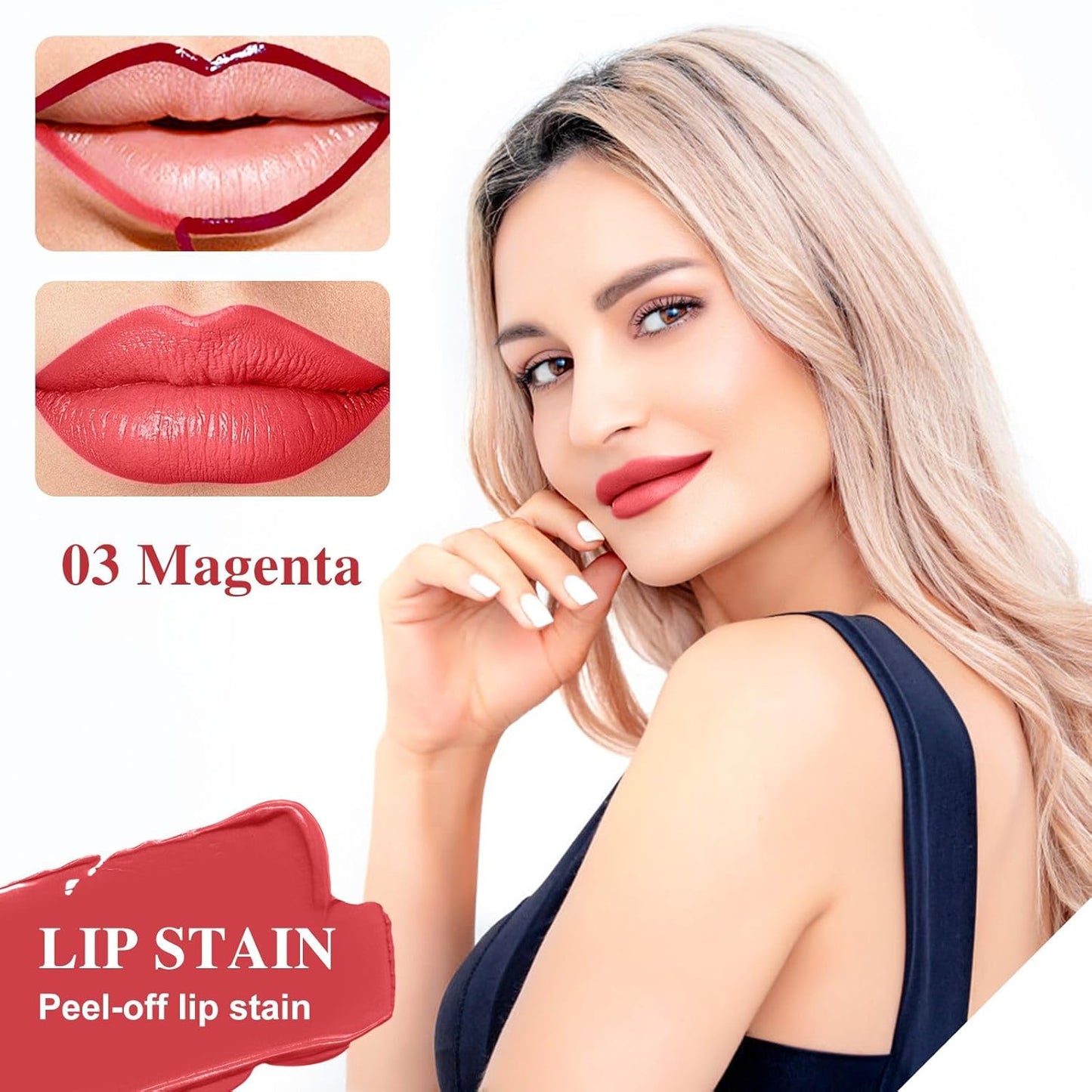 Lip Stain - Lip Stain Peel Off Long-Lasting with Matte Finish Waterproof & Transfer-Proof, Lip Liner Moisturizing & Nourishing Non-Stick Cup Highly Pigmented Color Lip Tint (03 Magenta)