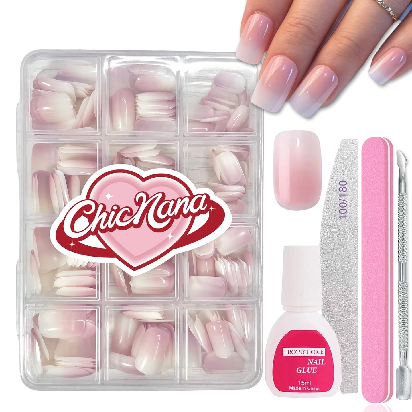 Ombre Press On Nails - 240Pcs Short Square Press on Nails, White Nail Tips Pink White Gradient Soft Gel False Nail Tips Salon Perfect Fake Nails Kit Extensions DIY (Short Square)