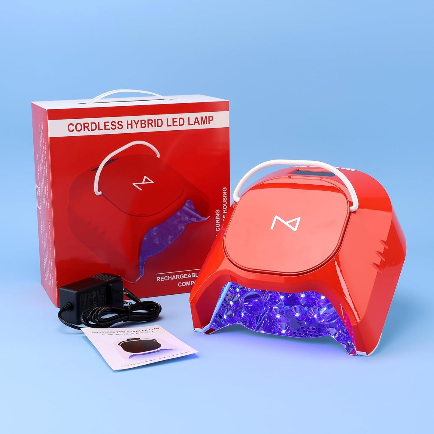 M - GlowPro Professional Hybrid 86W Wireless Rechargeable UV LED Nail Curing Lamp Cordless Nail Dryer for Gel Nails, Manicure, Pedicure (Red)