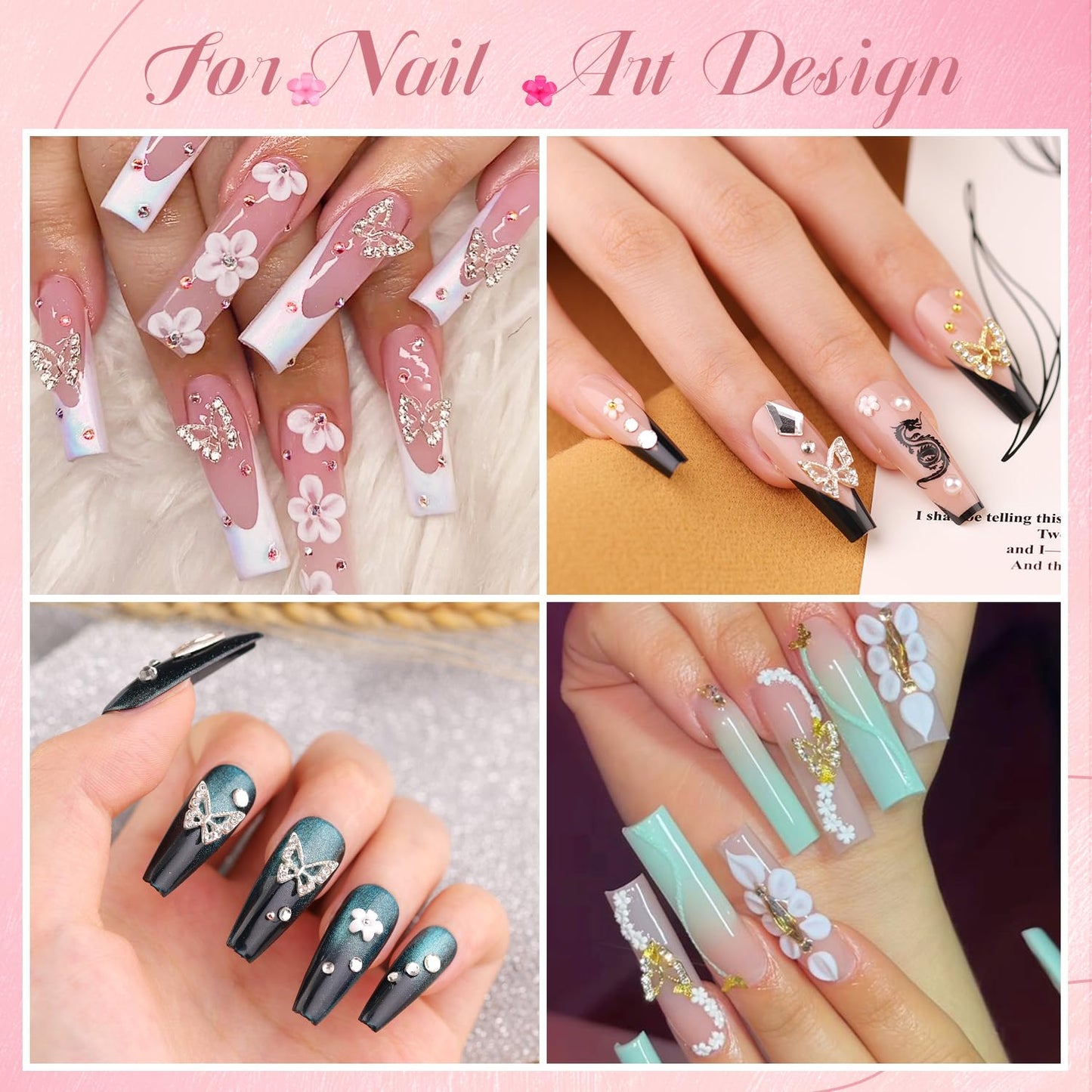 3D Nail Charms and Gems Set 1, 20PCS Gold and Silver Chunky Butterfly Charms With Rhinestones, 3D Flowers, Flatback Crystals, Pearls, Diamonds + Picker Tool for Y2K Nail Decoration