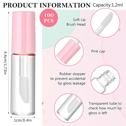100 Pcs 1.2 ml Mini Lip Gloss Tubes Empty Lipgloss Tubes with Wand Clear Refillable Lip Balm Gloss Containers Lips Glosss Bottles for DIY Lipstick Samples Lips Balms Lipgloss Making(Pink)