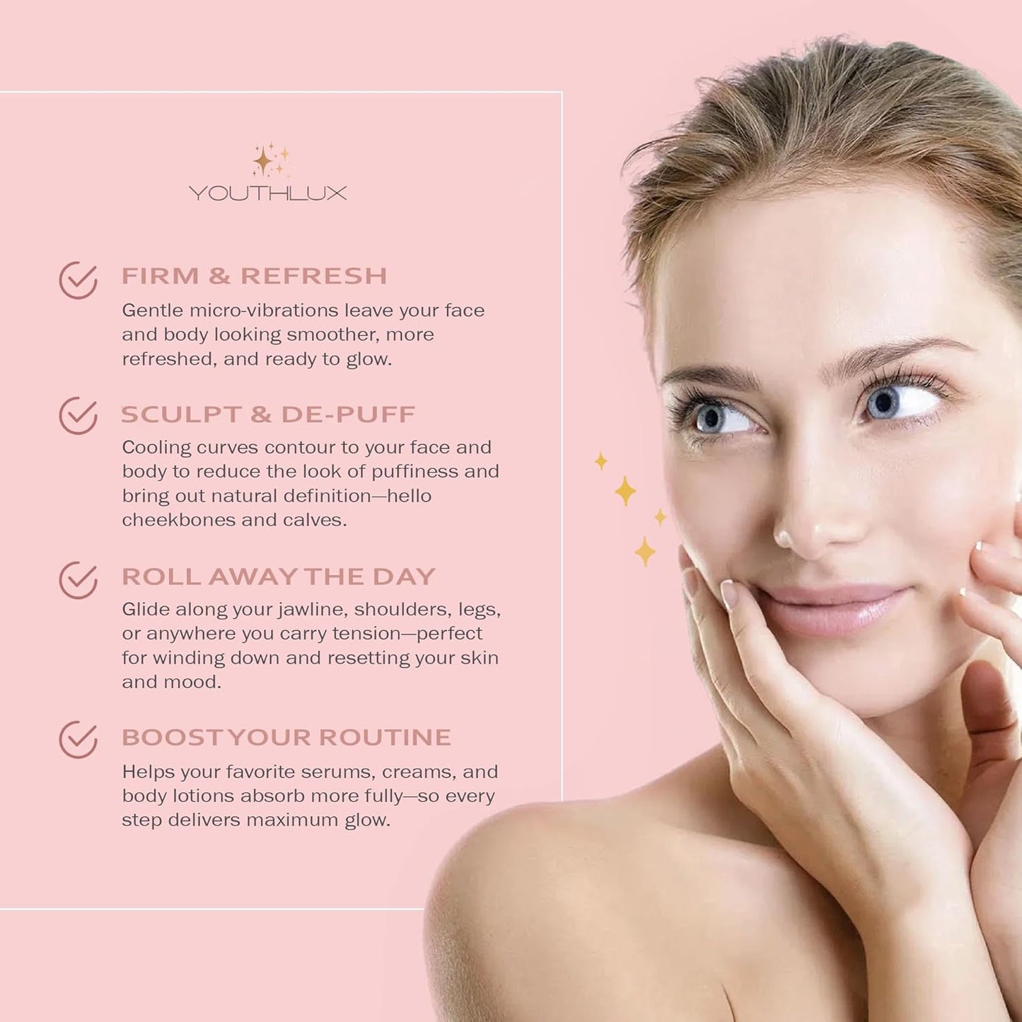 Revolution Roller - Germanium Stone Uplifting Face/Body Beauty Massage Tool/Roller/Wand for Skin Tightening/Firming, De-Puffing, Anti-Aging (Rose Gold)